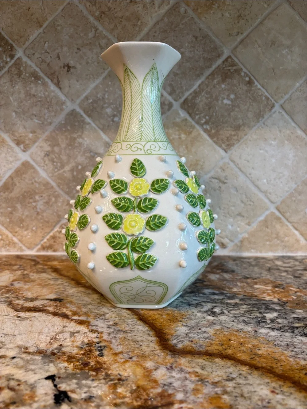 Anthropologie Ceramic Vase with Green Leaf and Yellow Flower Relief